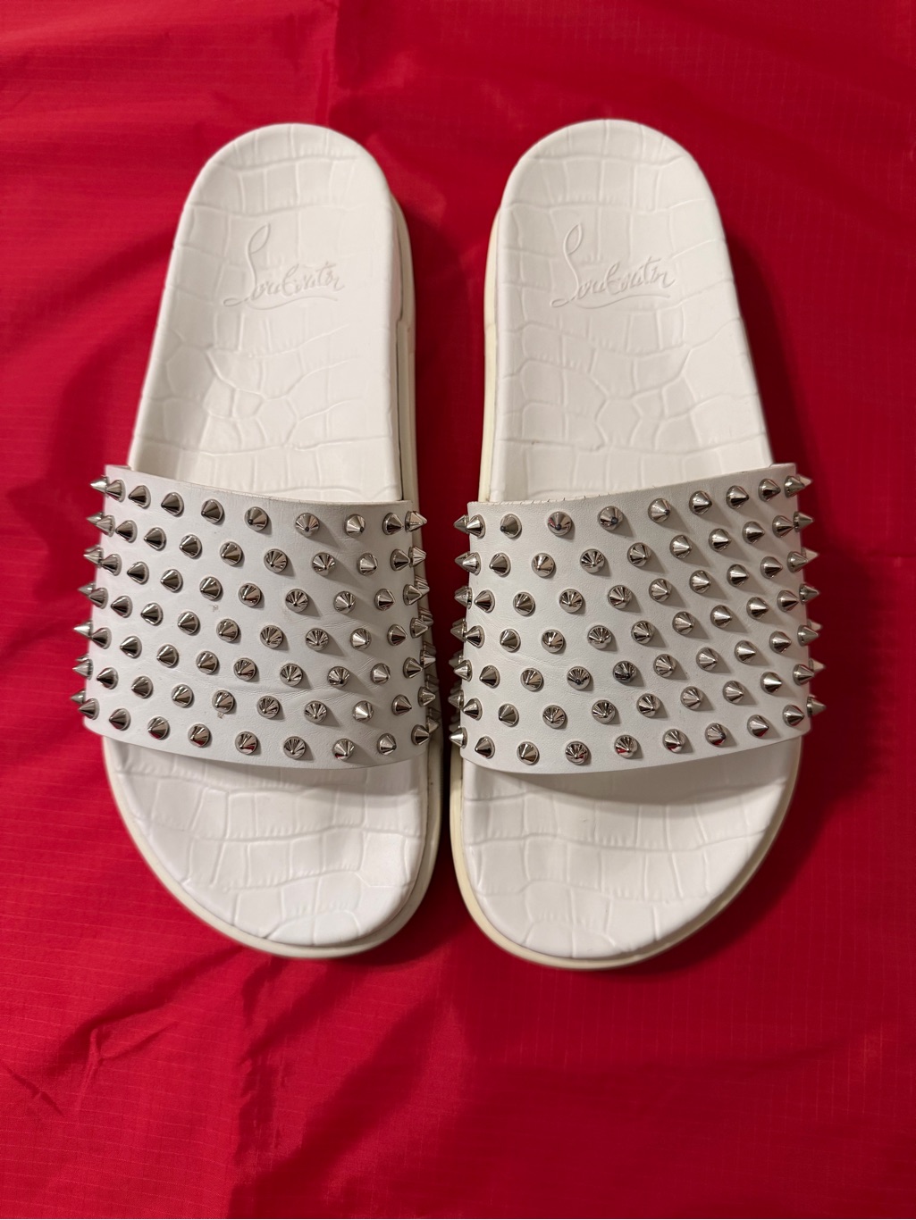 Christian Louboutin Slides White Crocodile-Embossed And Silver-Toned Spikes (45)